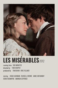 the poster for les miserables is shown with two people kissing and looking at each other