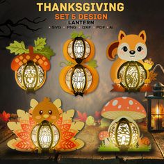 thanksgiving set 5 design lantern with fox, squirrel and acorns on the table