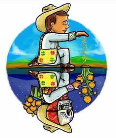 a mexican man riding on the back of a bike next to flowers and plants in front of a blue sky