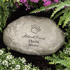 a pet memorial stone surrounded by plants and flowers