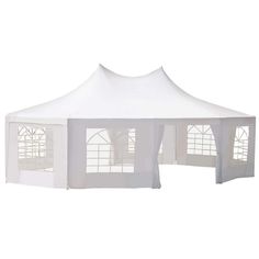 a white gazebo with windows on the sides and sidewalls, set against a white background