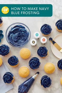 blue frosted cupcakes with icing on them and the words how to make navy blue frosting