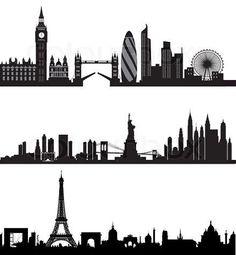 the silhouettes of different cities are shown in black and white