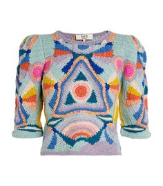 a multicolored sweater with an abstract design on the front and back, made out of