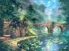 a painting of a bridge and water lilies