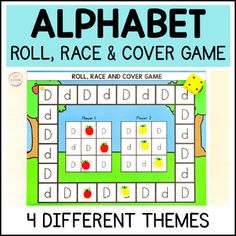 the alphabet roll, race and cover game is shown with four different themes for each letter