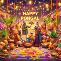 happy pongal with family and friends in front of colorful lights on the occasion