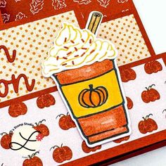 a close up of a card with an ice cream sundae and pumpkins on it