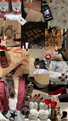 a collage of photos with various items