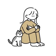 a drawing of a woman with her arms crossed and a cat sitting next to her