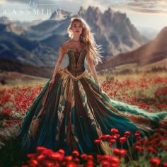 a woman in a long dress standing in a field of flowers with mountains in the background