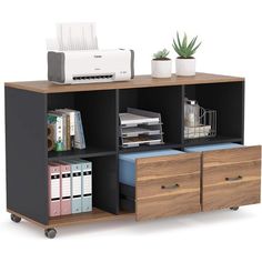 an office desk with two drawers and a printer on it's shelf next to some files