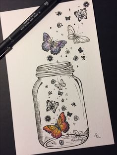 a drawing of butterflies flying out of a jar