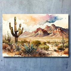 a painting of a desert scene with cactus and mountains in the background