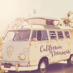 an old vw bus is parked on the side of the road in front of palm trees