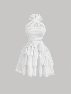 White Casual Collar Sleeveless Chiffon Plain A Line Embellished Non-Stretch  Women Clothing Simple White Dress Casual, Simple White Dress, Cake Dress, White Halter Dress, Layered Cake, Cute Dress Outfits, Backless Mini Dress, White Chiffon, Stylish Work Outfits