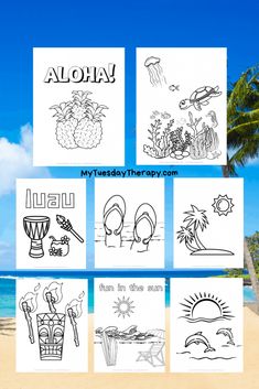 four pictures with the words aloha on them in black and white, including an image