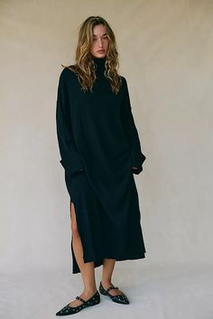 Faye Sweater Midi | Free People Styling A Turtleneck Dress, Plain Black Dress Styling, Linen In Fall, Black Earthy Outfits, Belted Sweater Dress, Turtle Neck Sweater Dress Outfit, Winter Dress With Tights, Loose Clothing Style, Ribbed Dress Outfit