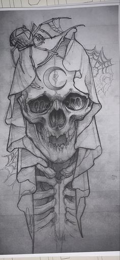 a drawing of a skull wearing a hat with two women on it's head