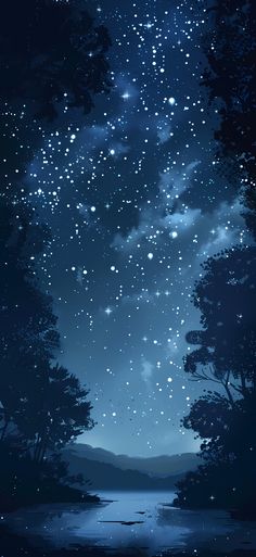 the night sky is filled with stars and trees