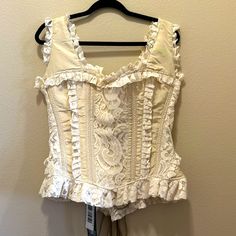 Nwt Burleska Overbust Boned Corset In Cream And Ivory. 5” Modesty Panel In Back And Will Fit A Large Variety Of Sizes. Minimum Size When Corset Is Laced Closed And Touching. Meaning Ideally Your Measurements Are Larger. Bust 38 Waist 30 So This Corset Will Easily Fit Up To Bust 44 And Waist 36 With Modesty Panel In Back. Vintage Corsets, White Corset Costume Halloween, Corset Fairy, Cream Fitted Corset For Spring, Fitted Cream Corset For Spring, Beige Wedding Corset, Vintage Corset Outfit, Embroidered Corset, Luxury Cream Corset For Women