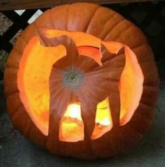 a carved pumpkin with an animal on it