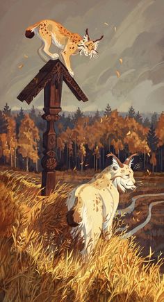 a painting of two cats on top of a wooden post