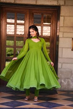 Product details  🧵*DETAILS* 🧶 👚*Top Fabric*:Heavy Faux Georgette With Full Sleeve And Fancy Latkan Dori And GPO Lace Border ☘️ 👚*Gown Length*:51-52 inches  👚*Gown Inner*: Micro Cotton 👚*Gown Flair * :- *4 Meter* 👚*Bottom Micro Cotton* With GPO Lace Border ✅  *Fully Stitched Ready To Wear * *Length:-40 inch* 👚*Dupatta Fabric*: Heavy Faux Georgette With Two Side GPO Lace Border 🌿 Wash Care:  Machine Wash & Hand Wash In Cold Water Using Mild Detergent. TERMS OF SALE Shipping Partners : DHL/ Aramax/ UPS/FedEx Return - We gladly accept Return in light of Etsy Guidelines. Please contact us before raising a Return Request, may be we're helpful to resolve any issue. Payment : We Accept PayPal/ UPI/ Bank Transfer for payment a safest way for both of us THANKS Do To Get Updated With New Arr डिजाइनर कपड़े, Green Anarkali, Indian Dresses For Women, Georgette Gown, Long Frock Designs, Gown With Dupatta, Long Gown Design