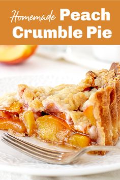 a piece of homemade peach crumble pie on a white plate with a fork next to it