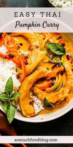 an easy thai pumpkin curry recipe with white rice and basil leaves on the side in a bowl