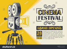 an old fashioned movie camera on a tripod with the words cinema festival grand opening