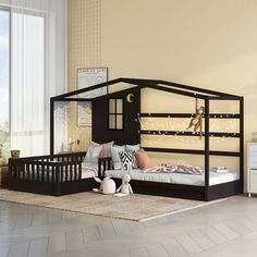 a child's bedroom with bunk bed, dresser and night stand