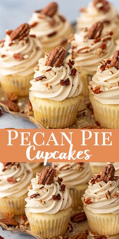 pecan pie cupcakes with frosting and pecans on top