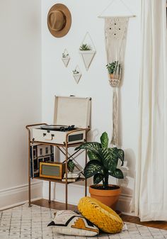 a living room with a record player, potted plant and other items on the floor