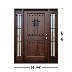 Pre-Hung Prefinished Mahogany Espresso 1-3-1 Door. Includes frame, hinges, weatherstripping, sweep, and threshold. Pre-Hung in 4-9/16 Matching Jambs. Actual Size: 63-1/4 x 81-1/2. Rough Opening Size: 63-3/4 x 82. 2-Panel with Speakeasy. Double-bored with 2-3/8 backset. Left Hand Inswing. Engineered Stiles and Rails to resist warping and splitting for increased durability. Greatview Doors 60-in x 80-in Wood Left-Hand Inswing Mahogany Stained Prehung Single Front Door with Sidelights Solid Core in Single Front Door With Sidelights, Front Door With Sidelights, Single Front Door, Door With Sidelights, Mahogany Stain, Solid Core, Left Hand, Front Door, Doors