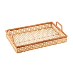 a wicker tray with handles on white background