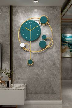 a clock that is on the side of a wall in a room with marble walls