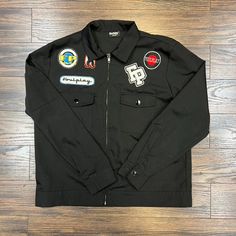 FOULPLAY (Dickie Style) Zip up Jacket. Worn once. Great condition. All the patches are embroidered. Dickies Style, Mens Black Jacket, Zip Up Jacket, Black Jacket, Zip Ups, Garage