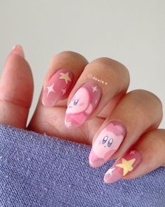 Different Almond Shaped Nails, Sanrio Nails Acrylic Almond, Kirby Nail Ideas, Cute Kirby Nails, Kirby Themed Nails, Kirby Nails Short, Almond Kawaii Nails, Kawaii Summer Nails, Kirby Inspired Outfit