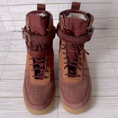 Nike Men’s Sf Air Force 1 Premium Dark Russet Brown Boots, Size 10, Winter Edition, Lightweight, Lace-Up With A Belt Around, (One Side Is Missing As You See On Photos) Pre-Loved Shoes In Excellent Condition Nike Brown, Slouch Boots, Slouched Boots, Brown Boots, Air Force 1, Air Force, Nike Men, Nike Shoes, Men's Shoes