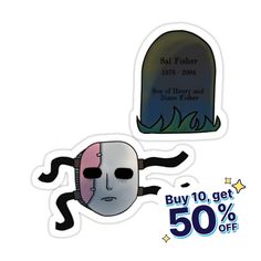 two stickers with the words buy 10 get 50 % off on them and an image of a grave