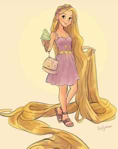 a drawing of a girl with long blonde hair holding an ice cream cone and wearing sandals