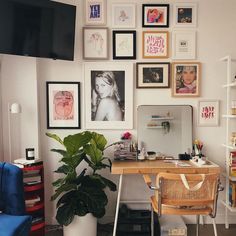 a desk with a mirror, potted plant and pictures on the wall above it