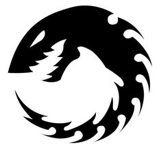 a black and white wolf head in a circle