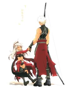 two anime characters standing next to each other in front of a white background with an arrow