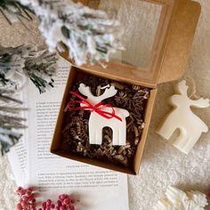 an ornament shaped like a reindeer sits in a box next to some christmas decorations