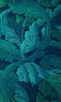 an intricately designed wallpaper with green leaves and flowers on it's black background