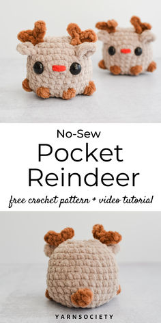 Chenille plush yarn crocheted reindeer in light brown with dark brown antlers and a red yarn nose. Crochet Reindeer Pattern, Reindeer Crochet Pattern, Hand Video, Reindeer Crochet, Crochet Reindeer, Crochet Pocket, Crocheted Animals, Reindeer Pattern, Christmas Crochet Patterns Free