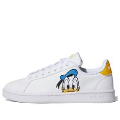 The adidas Disney x Grand Court 'Donald Duck' is the perfect blend of style and comfort. This classic court-style sneaker features a leather upper with a playful cartoon duck pattern on the side. The Disney cartoon character adds a fun element to the design. The rubber sole provides a comfortable fit and feel. This sneaker is perfect for a variety of activities, from running errands to playing sports. It's a great addition to any sneaker collection and is sure to turn heads. (SNKR/Unisex) Sporty Mickey Mouse Sneakers With Round Toe, Sporty White Mickey Mouse Sneakers, Mickey Mouse Synthetic Sneakers For Streetwear, White Sporty Mickey Mouse Sneakers, Casual Mickey Mouse Lace-up Sneakers, Mickey Mouse Sporty Sneakers For Streetwear, Sporty Mickey Mouse Sneakers For Streetwear, Sporty Mickey Mouse Synthetic Sneakers, Mickey Mouse Streetwear Sneakers