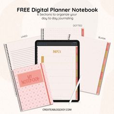 the free digital planner notebook is open and ready to be filled with notes, pens, and